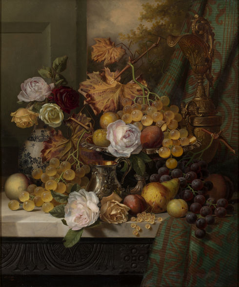 Still Life with Roses & Fruit on a Marble Ledge